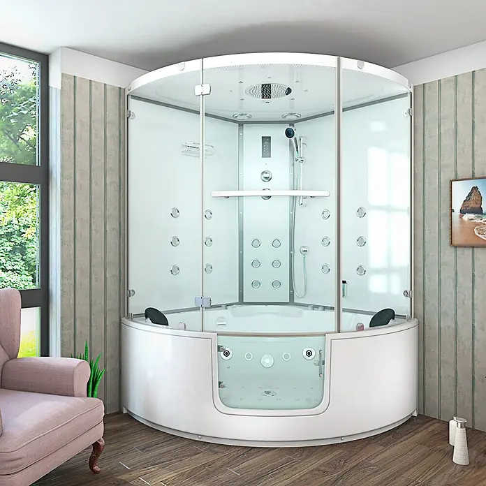 AcquaVapore Komplettdusche Dampfdusche K60-WS-EH - 140 x 140 x 210 cm, Weiß - Weiße Eck-Duschkabine mit Glaswänden und integrierter Hydromassage-Badewanne.