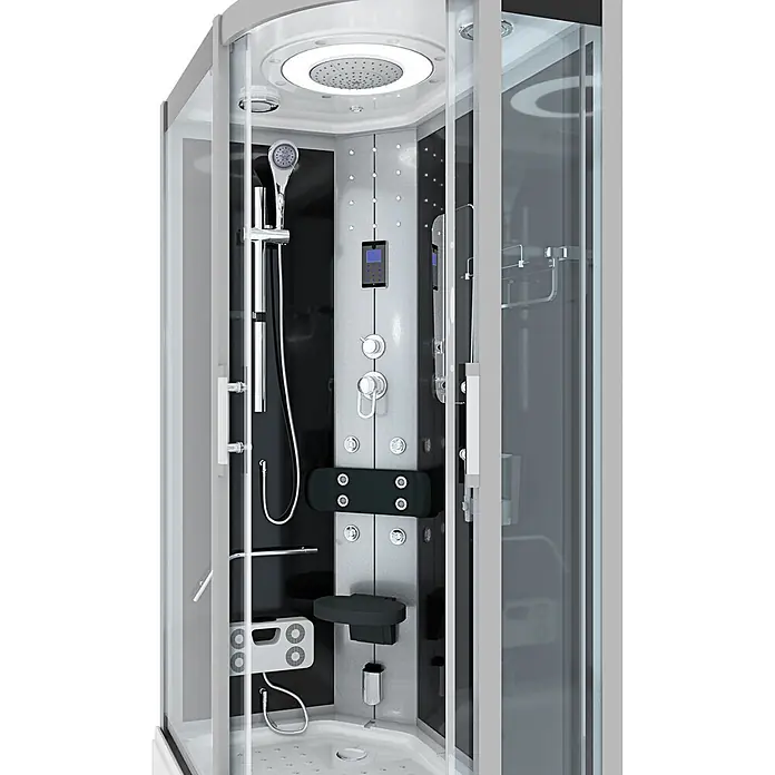 AcquaVapore Komplettdusche Fertigdusche D60-73T0R-EC - 80 x 120 x 215 cm, Schwarz - Moderne Duschkabine mit Klarglaswänden, grauen und schwarzen Innenpaneelen, mehreren Duschköpfen, Bedienfeld und Klappsitz.