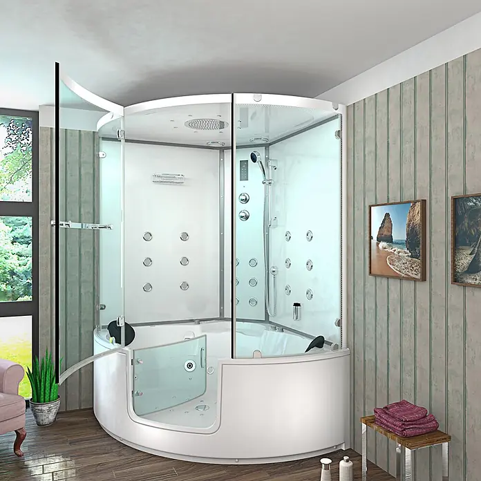 AcquaVapore Komplettdusche Dampfdusche K60-WS-EH - 140 x 140 x 210 cm, Weiß - Weiße Eckduschkabine aus Glas mit integrierter Badewanne in einem modernen Badezimmer.