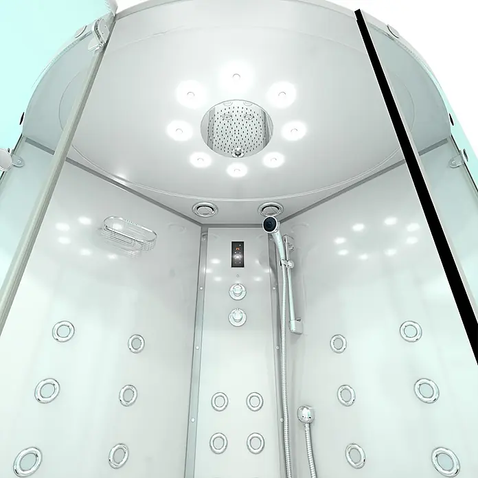 AcquaVapore Komplettdusche Dampfdusche K60-WS-EH - 140 x 140 x 210 cm, Weiß - Weiße Duschkabine mit Glaswänden, Regendusche, Handbrause, Massagedüsen und Bedienfeld.