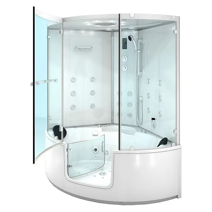 AcquaVapore Komplettdusche Dampfdusche K60-WS-EH - 140 x 140 x 210 cm, Weiß - Moderne weiße Eckduschkabine mit Glaswänden, integrierter Badewanne, Regendusche, Handbrause und Massagedüsen.