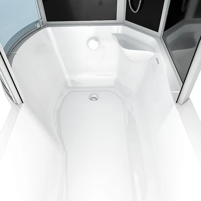 AcquaVapore Komplettdusche Fertigdusche K55-R31-EC - Schwarz - Weißer, glänzender Innenraum einer modernen Duschkabine mit schwarzen Paneelen, rutschfestem Boden und zentralem Abfluss.