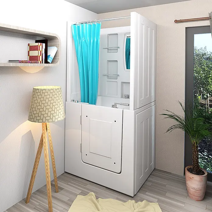 AcquaVapore Badewanne Fertigdusche S02D-WP-A-L - 78 x 100 cm, Acryl, Weiß - Weiße barrierefreie Badewanne mit Einstieg und türkisfarbenem Duschvorhang in einem modernen Badezimmer.