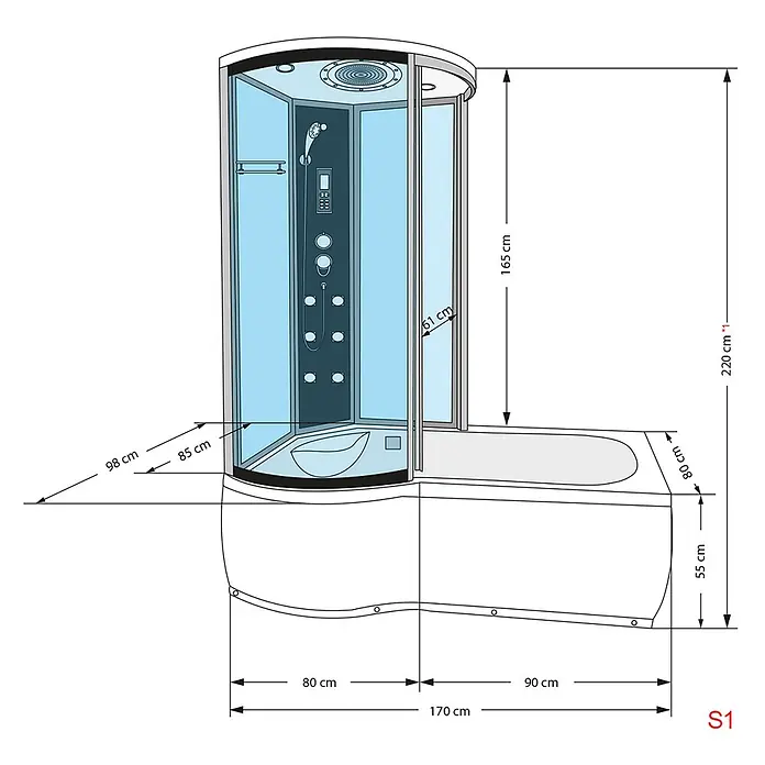 AcquaVapore Komplettdusche Fertigdusche K55-R31 - 98 x 170 x 220 cm, Schwarz - Maßzeichnung einer weißen Dusch-Badewannen-Kombination mit klarer Glaskabine und Bedienfeld.