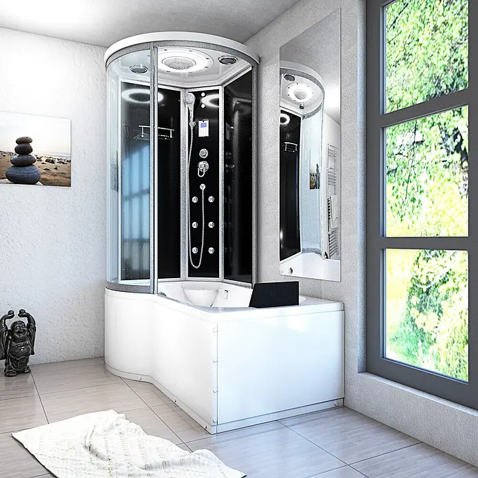 AcquaVapore Komplettdusche Fertigdusche K55-R31-EC - Schwarz - Moderne Duschkabine mit weißer Badewannenbasis und schwarzem Duschpaneel, mit klarer Glasumrandung, in einem Badezimmer.