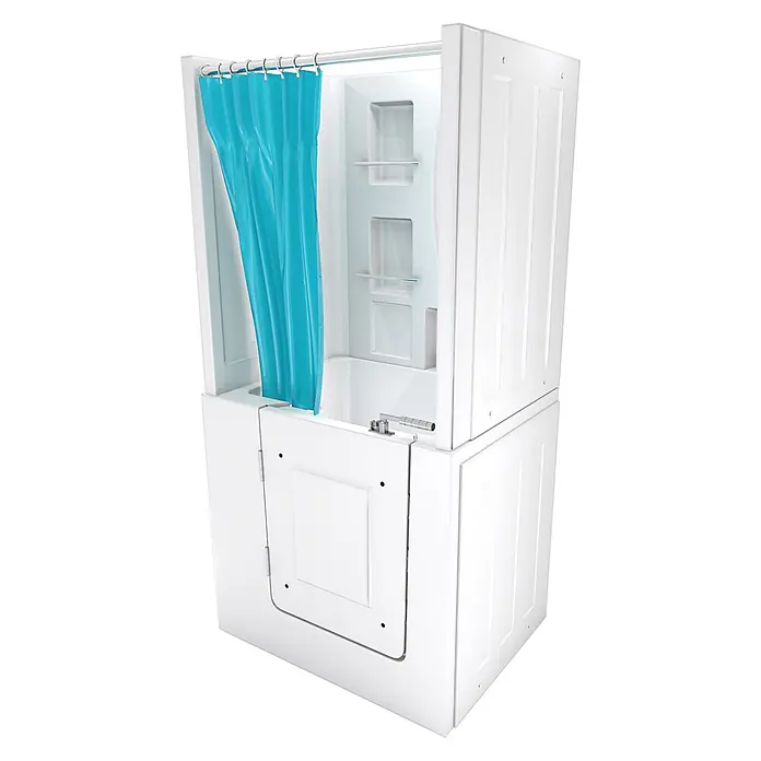 AcquaVapore Komplettdusche Fertigdusche S02D-TH-B-L - Weiß - Weiße begehbare Badewanne mit integrierter Dusche, blauem Vorhang und aufklappbarer Seitentür.