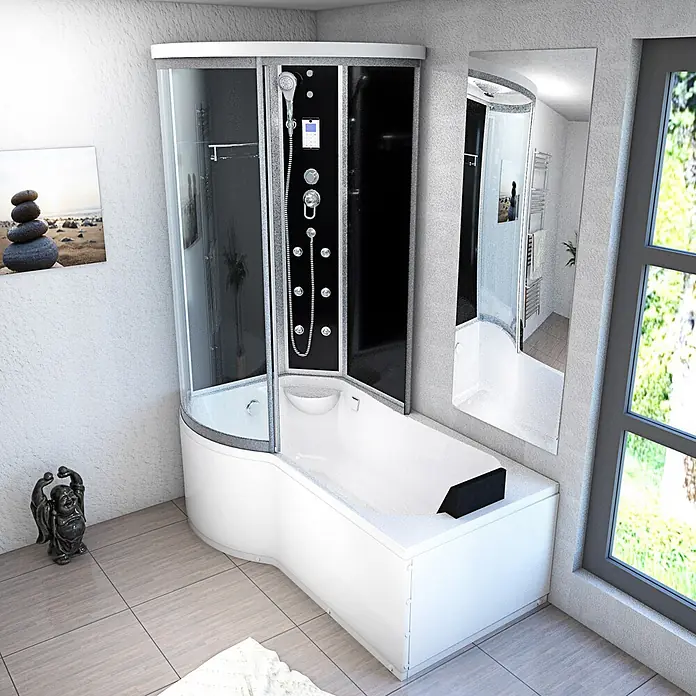 AcquaVapore Komplettdusche Fertigdusche K55-R31-EC - Schwarz - Weiße Eck-Dusch-Badewannen-Kombination mit schwarzem und silbernem Duschpaneel und integrierter Steuerung, in einem modernen Badezimmer.