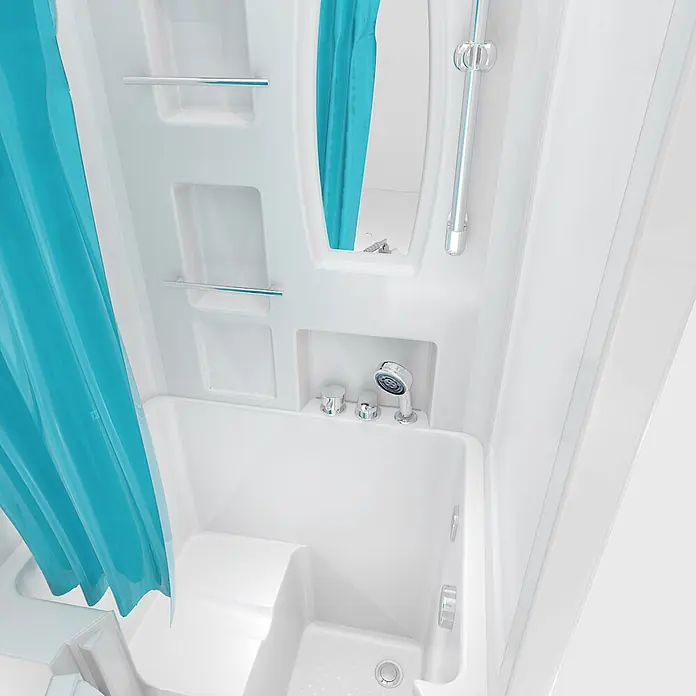 AcquaVapore Komplettdusche Fertigdusche S02D-B-L - Weiß - Weiße Dusch- und Badewannenkombination mit hellblauem Duschvorhang, integrierten Ablagen und Handbrause.