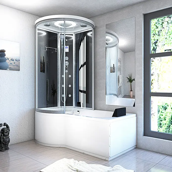 AcquaVapore Komplettdusche Fertigdusche K55-R31-EC - Schwarz - Moderne weiße Eckduschkabine mit integrierter Badewanne und Glasabtrennung im Bad.