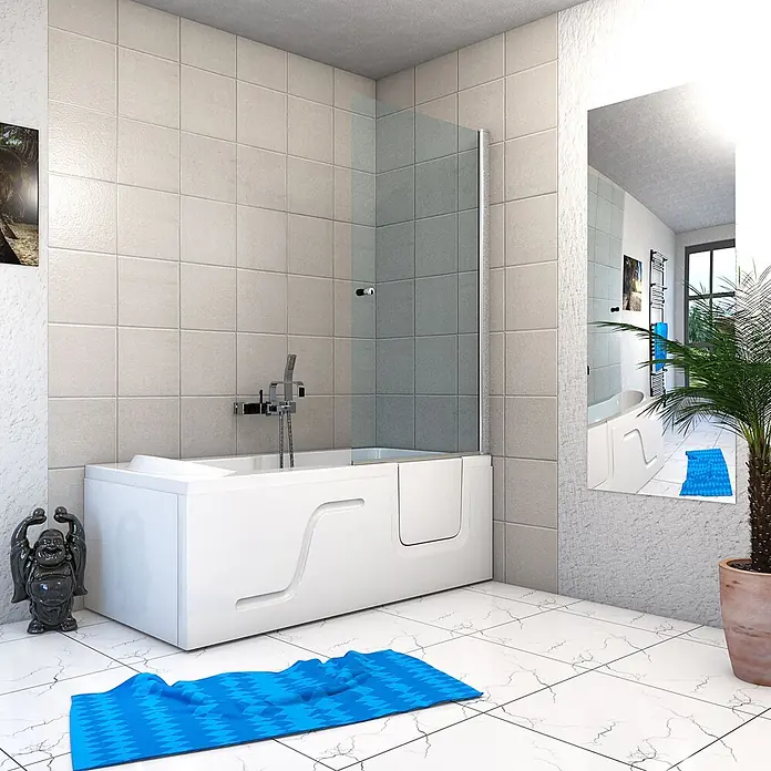 AcquaVapore Komplettdusche Fertigdusche S17D-L - Weiß - Weißer begehbarer Badewanne mit integrierter Glasduschwand in einem modernen Badezimmer.