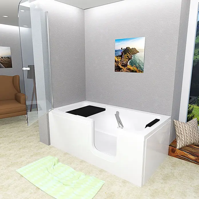 AcquaVapore Komplettdusche Fertigdusche S15D-R - Weiß - Weiße barrierefreie Badewanne mit niedriger Einstiegstür und schwarzem Sitz, mit Haltegriff, in modernem Badezimmer.