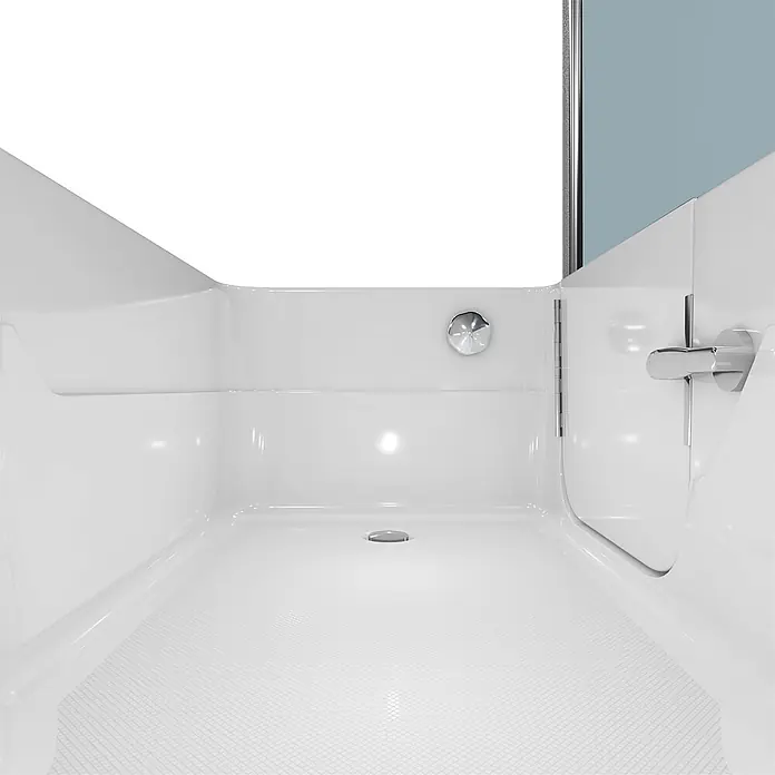 AcquaVapore Komplettdusche Fertigdusche S17D-L - Weiß - Weiße Duschwanne mit rutschfestem texturiertem Boden, Chromablauf und Armatur. Mit transparenter Duschwand.