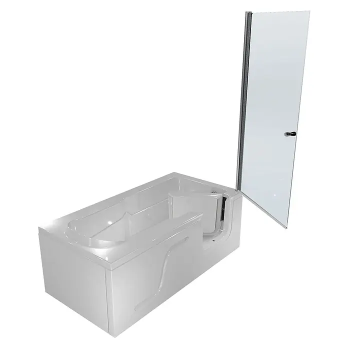 AcquaVapore Komplettdusche Fertigdusche S17D-L - Weiß - Weiße begehbare Badewanne mit integrierter Klarglas-Duschwand und Einstiegstür.
