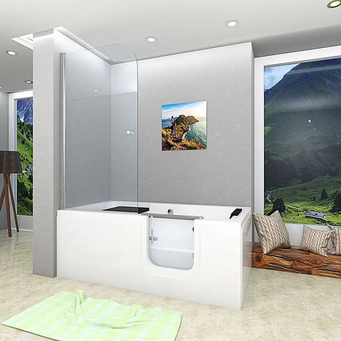 AcquaVapore Komplettdusche Fertigdusche S15D-R - Weiß - Weiße begehbare Badewanne mit Duschabtrennung aus Klarglas in modernem Bad.