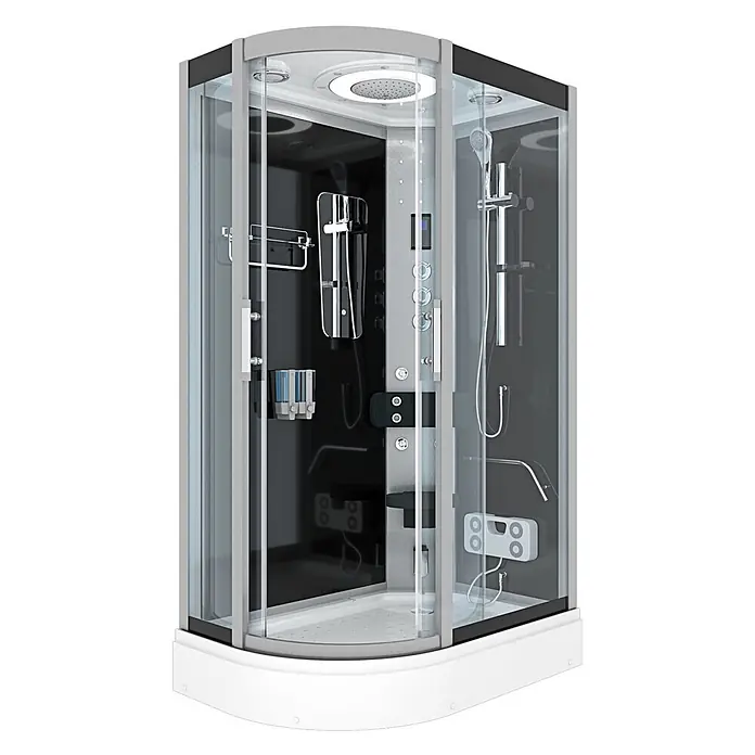AcquaVapore Komplettdusche Fertigdusche D60-73T1L - 120 x 80 x 215 cm, Schwarz - Moderne Multifunktions-Duschkabine mit Klarglaswänden, grauem Rahmen, schwarzem Interieur, Regendusche, Handbrause, Massagedüsen und Bedienelementen.