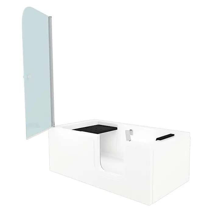 AcquaVapore Komplettdusche Fertigdusche S15D-R - Weiß - Weiße begehbare Badewanne mit transparenter Duschwand, integriertem schwarzen Sitz und Armatur.