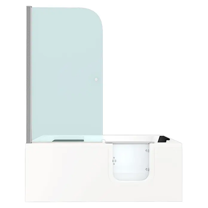 AcquaVapore Komplettdusche Fertigdusche S15D-R - Weiß - Weiße Walk-in-Badewanne mit klarer Glasduschwand und grauem Rahmen, bietet einfachen Zugang und Spritzschutz.