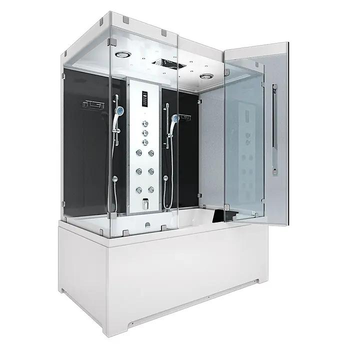 AcquaVapore Komplettdusche Dampfdusche K80-SW-TH-B - Schwarz - Moderne weiße Duschkabine mit Klarglaswänden, integrierter Badewanne und Multi-Jet-Duschsystem.