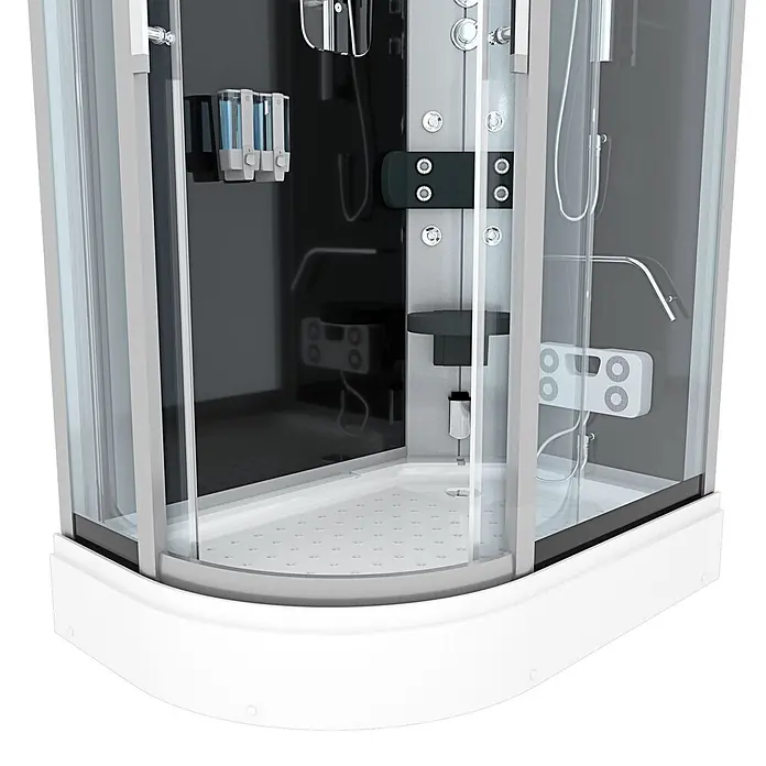 AcquaVapore Komplettdusche Fertigdusche D60-73T1L - 120 x 80 x 215 cm, Schwarz - Moderne weiße und graue Quadrant-Duschkabine mit Klarglastüren, integriertem Duschpaneel und Seifenspendern.