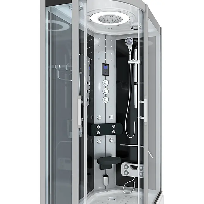 AcquaVapore Komplettdusche Fertigdusche D60-73T1L - 120 x 80 x 215 cm, Schwarz - Moderne Eckduschkabine mit Glasgehäuse, grauem Bedienfeld, schwarzen Akzenten, Kopf- und Handbrause sowie Massagedüsen.