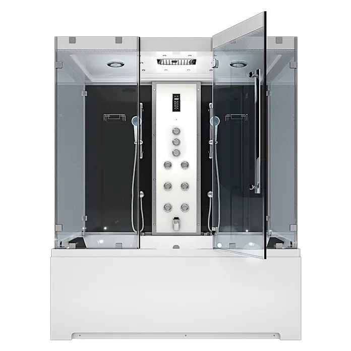 AcquaVapore Komplettdusche Dampfdusche K80-SW-TH-B - Schwarz - Moderne weiß-schwarze Doppelduschkabine mit zentralem Bedienfeld, Digitalanzeige, mehreren Massagedüsen, Handbrausen und Badewannenbasis.