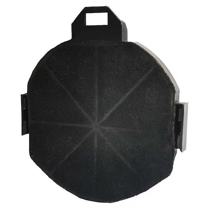 PKM Aktivkohlefilter CF230 - Gesamtstückzahl: 2 Stk., Passend für: Schräghaube WS7-60A+TCALX / WS7-90A+TCALX - Dunkler, grober Rundfilter mit radialen Linien, einem oberen Griff und seitlichen Klammern.