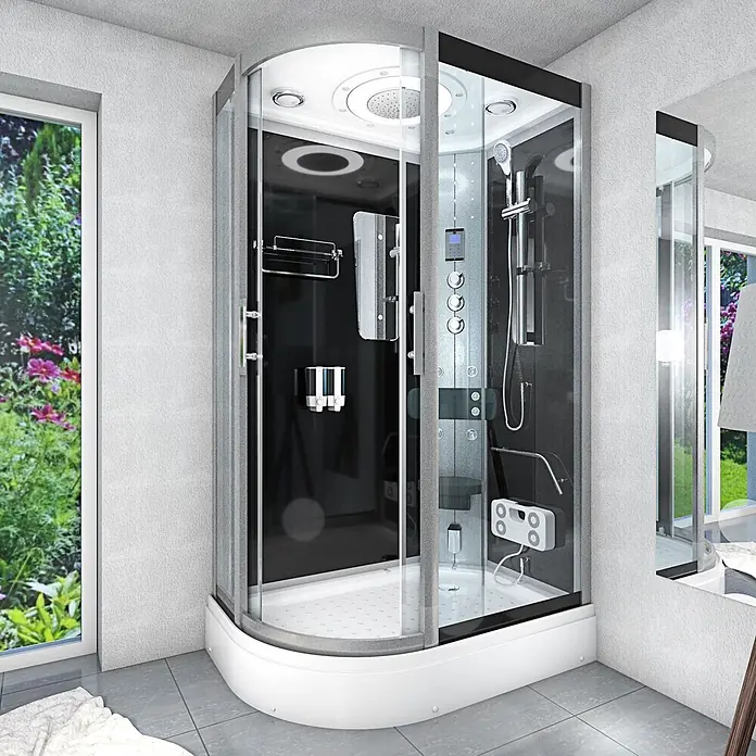 AcquaVapore Komplettdusche Fertigdusche D60-73T1L - 120 x 80 x 215 cm, Schwarz - Moderne Eckduschkabine mit Glaswänden, dunklem Interieur und weißer Basis, in einem modernen Badezimmer.