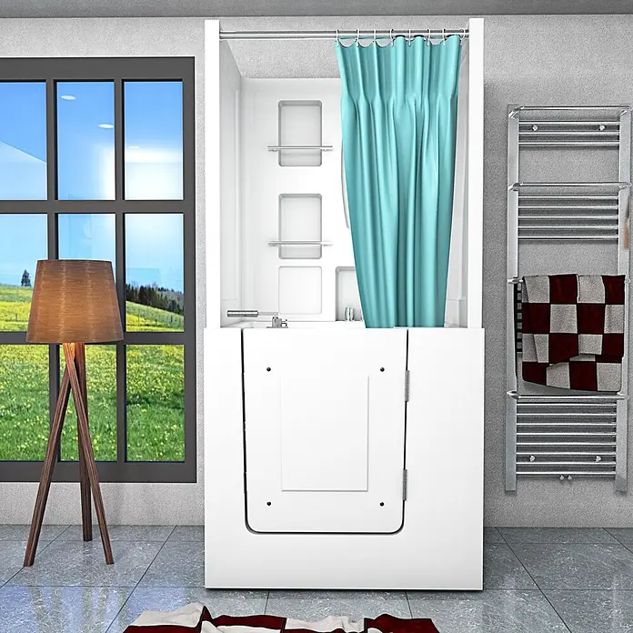 AcquaVapore Komplettdusche Fertigdusche S02D-TH-B-R - 100 x 78 x 205 cm, Weiß - Weiße, barrierefreie begehbare Dusche mit blauem Vorhang in einem modernen Badezimmer.