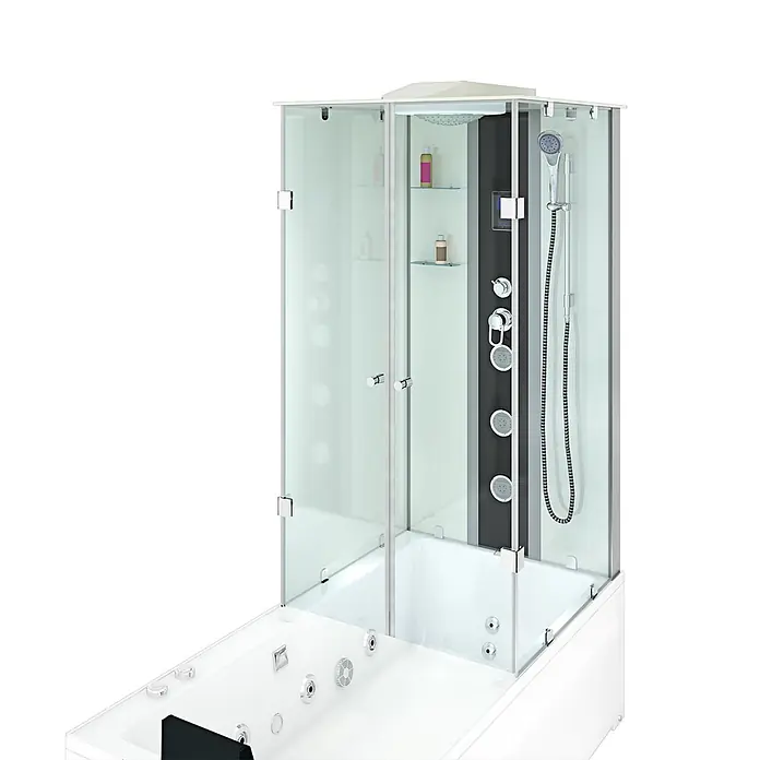 AcquaVapore Komplettdusche Fertigdusche K05-L01 - 180 x 90 x 225 cm, Weiß - Weiße moderne Dusch- und Badewannenkombination mit Glasabtrennung und Chromarmaturen.