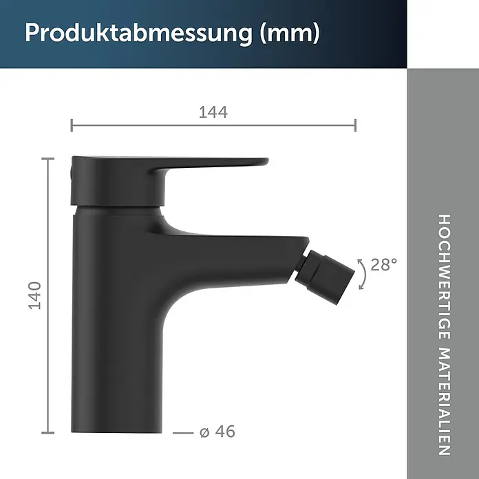 Ideal Standard Alu+ Bidetarmatur - Höhe: 140 mm, Schwarz - Schwarze Bidetarmatur mit Maßen: 140mm Höhe, 144mm Breite, 46mm Basis-Ø, 28° Auslaufwinkel.