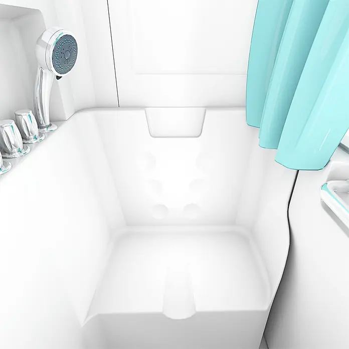 AcquaVapore Komplettdusche Fertigdusche S02D-TH-C-R - Weiß - Weiße Badewanne mit Handbrause und einem hellblauen Duschvorhang.