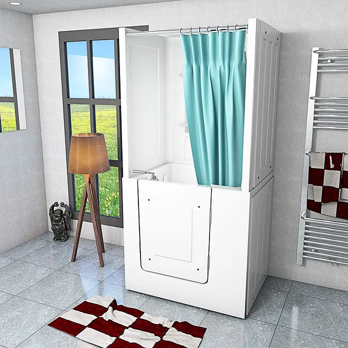 AcquaVapore Komplettdusche Fertigdusche S02D-TH-B-R - 100 x 78 x 205 cm, Weiß - Weiße barrierefreie Badewanne mit Tür und blauem Duschvorhang, konzipiert für barrierefreies Duschen und Baden.