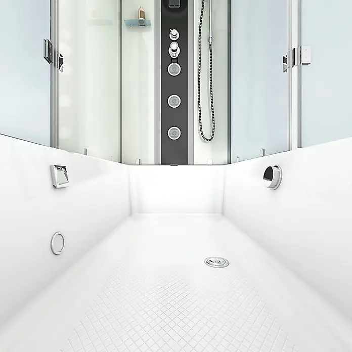 AcquaVapore Komplettdusche Fertigdusche K05-L01 - 180 x 90 x 225 cm, Weiß - Innenansicht einer modernen Duschkabine mit weißer, strukturierter Duschwanne, dunklem Bedienfeld und Chromarmaturen.