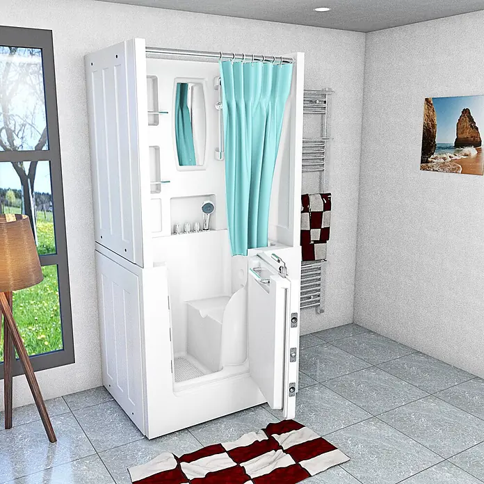 AcquaVapore Komplettdusche Fertigdusche S02D-TH-B-R - 100 x 78 x 205 cm, Weiß - Weiße, barrierefreie Duschkabine mit Scharniertür, blauem Vorhang und integriertem Sitz, in modernem Bad.