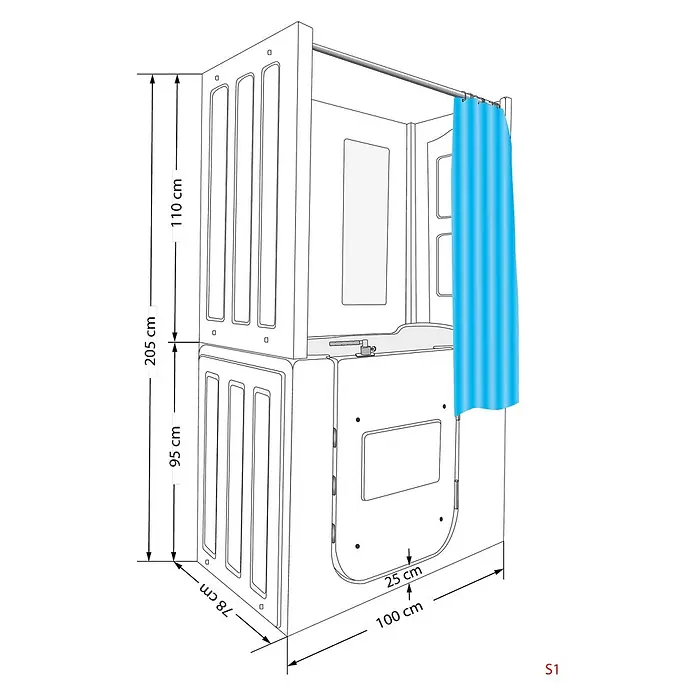 AcquaVapore Komplettdusche Fertigdusche S02D-TH-A-R - 78 x 100 x 205 cm, Weiß - Modulare weiße Duschkabine mit blauem Vorhang und Maßen, für einfachen Einstieg konzipiert.