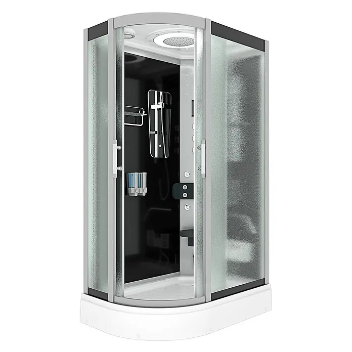 AcquaVapore Komplettdusche Dampfdusche D60-73M3L - Schwarz - Moderne Duschkabine mit Milchglas, schwarzer Rückwand, Kopfbrause, Handbrause, Massagedüsen und Sitz.