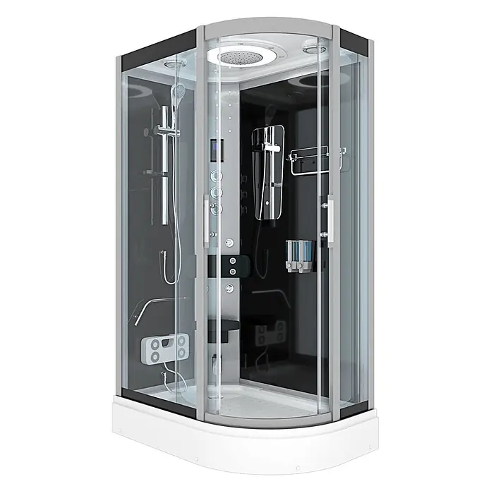 AcquaVapore Komplettdusche Fertigdusche D60-73T1R - 80 x 120 x 215 cm, Schwarz - Moderne Eckduschkabine mit Glaswänden, grauen und schwarzen Paneelen, mehreren Duschköpfen, integrierten Bedienelementen und weißem Sockel.