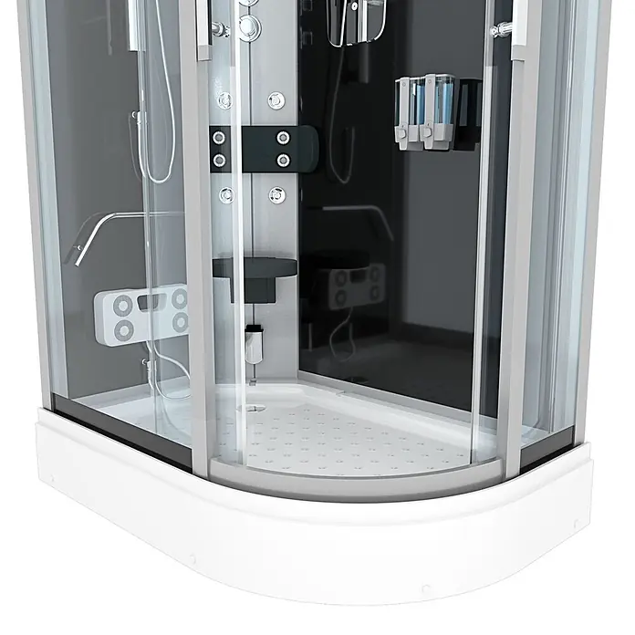 AcquaVapore Komplettdusche Fertigdusche D60-73T1R - 80 x 120 x 215 cm, Schwarz - Moderne Viertelkreis-Duschkabine mit Klarglas, weißer Basis und dunkelgrauem Interieur mit Massagedüsen, Bedienelementen und Seifenspender.