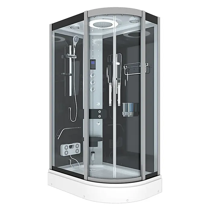 AcquaVapore Komplettdusche Fertigdusche D60-73T1R - 80 x 120 x 215 cm, Schwarz - Moderne Eckduschkabine mit dunkelgrauem Interieur, Glas und weißem Sockel. Mit Regendusche, Handbrause, Hydromassagedüsen und Bedienfeld.