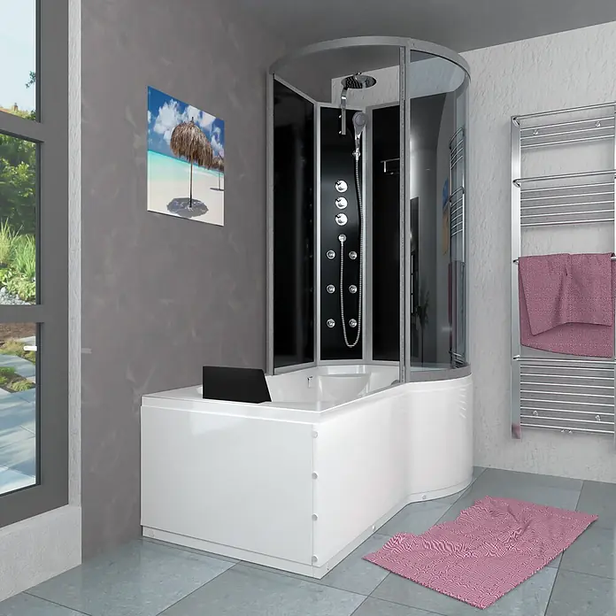 AcquaVapore Komplettdusche Fertigdusche K50-L32 - Schwarz - Weiße Eckbadewanne mit integrierter Duschkabine mit schwarzen Paneelen in einem modernen Badezimmer.