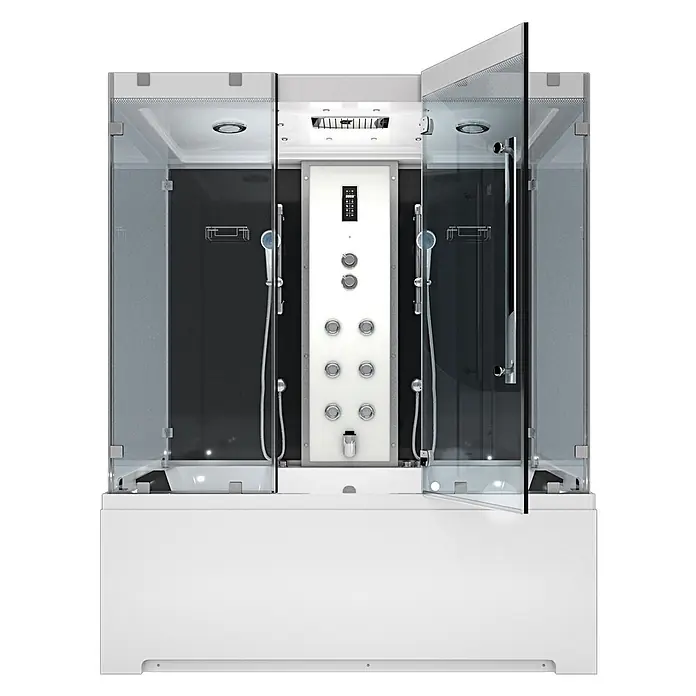 AcquaVapore Komplettdusche Dampfdusche K80-SW-EH-B-EC-SC - Schwarz - Moderne weiße Doppel-Dampfduschkabine mit Klarglas, schwarzen Paneelen und zentralem Bedienfeld mit Hydromassagedüsen.