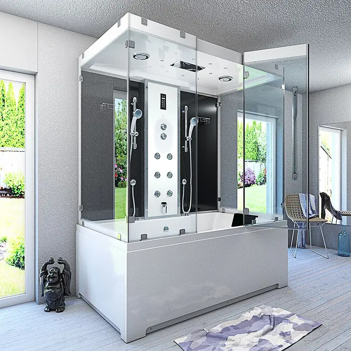 AcquaVapore Komplettdusche Dampfdusche K80-SW-EH-B-EC-SC - Schwarz - Große, moderne Dusch-Wannen-Kombination mit Glasabtrennung und Multifunktionsbrausen in hellem Badezimmer.