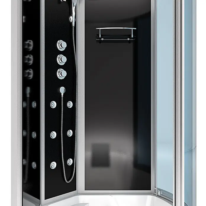 AcquaVapore Komplettdusche Fertigdusche K50-L32 - Schwarz - Moderne Duschkabine mit schwarzer Platte, Chrom-Duschsystem, Massagedüsen und Glastüren.