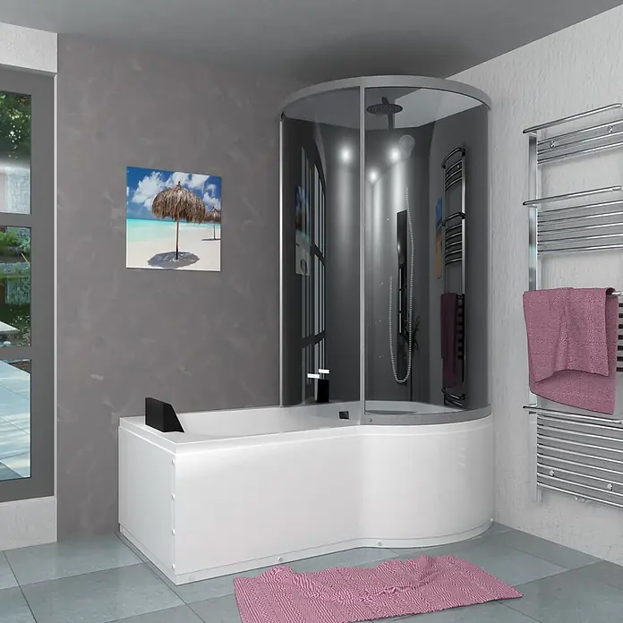 AcquaVapore Komplettdusche Fertigdusche K50-L32 - Schwarz - Weiße Eckbadewanne mit integrierter Duschkabine aus Klarglas in einem modernen Badezimmer.