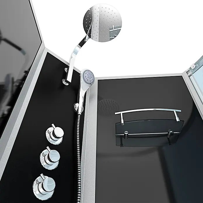 AcquaVapore Komplettdusche Fertigdusche K50-L32 - Schwarz - Schwarze Duschsäule mit Chrom-Kopf- und Handbrause, drei Bedienknöpfen und schwarzer Glasablage mit Chromstange.