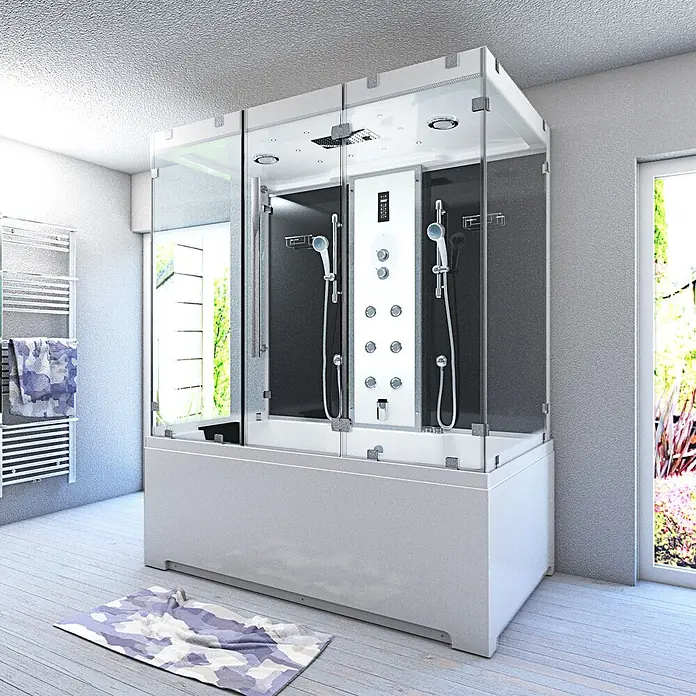 AcquaVapore Komplettdusche Dampfdusche K80-SW-EH-B-EC-SC - Schwarz - Moderne weiße und schwarze multifunktionale Hydromassage-Duschkabine mit integrierter Badewanne und Glasabtrennung in einem hellen Badezimmer.