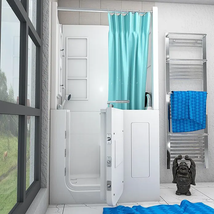 AcquaVapore Komplettdusche Fertigdusche S08D-TH-A-R - Weiß - Weiße begehbare Dusche mit niedrigem Einstieg und Handbrause, in einem Badezimmer mit blauem Duschvorhang.
