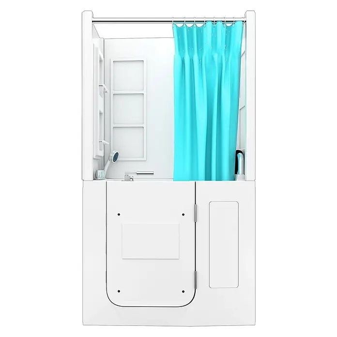 AcquaVapore Komplettdusche Fertigdusche S08D-TH-A-R - Weiß - Weiße begehbare Badewannen- und Duschkombination mit hellblauem Duschvorhang.