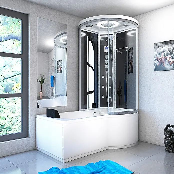 AcquaVapore Komplettdusche Fertigdusche K55-L33-EC - Schwarz - Moderne weiße Badewanne mit integrierter Glas-Duschkabine in einem Badezimmer.
