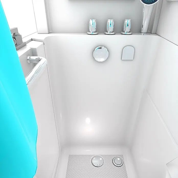AcquaVapore Komplettdusche Fertigdusche S08D-TH-A-R - Weiß - Weiße Duschwanne/Kompaktbadewanne mit Chromarmaturen, Brausekopf und blauem Duschvorhang.